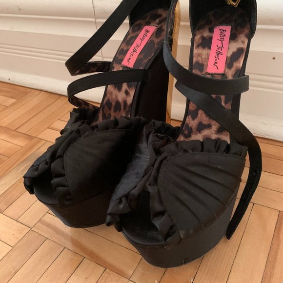 Betsey Johnson Black Satin & Gold Peep-toe Wedges - Picture 2 of 6